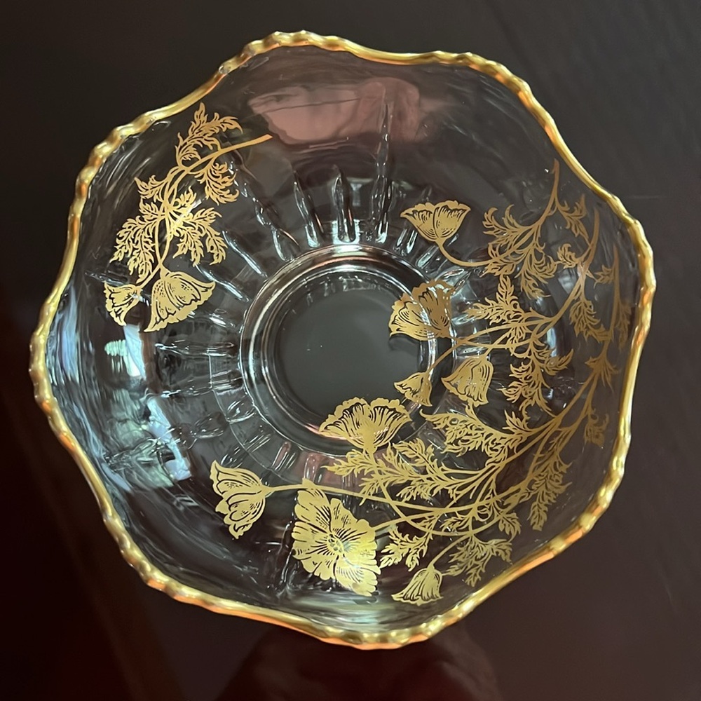 Vintage Elegant Glass Gold Overlay Dish Footed Bowl Floral Design 6" Poppies